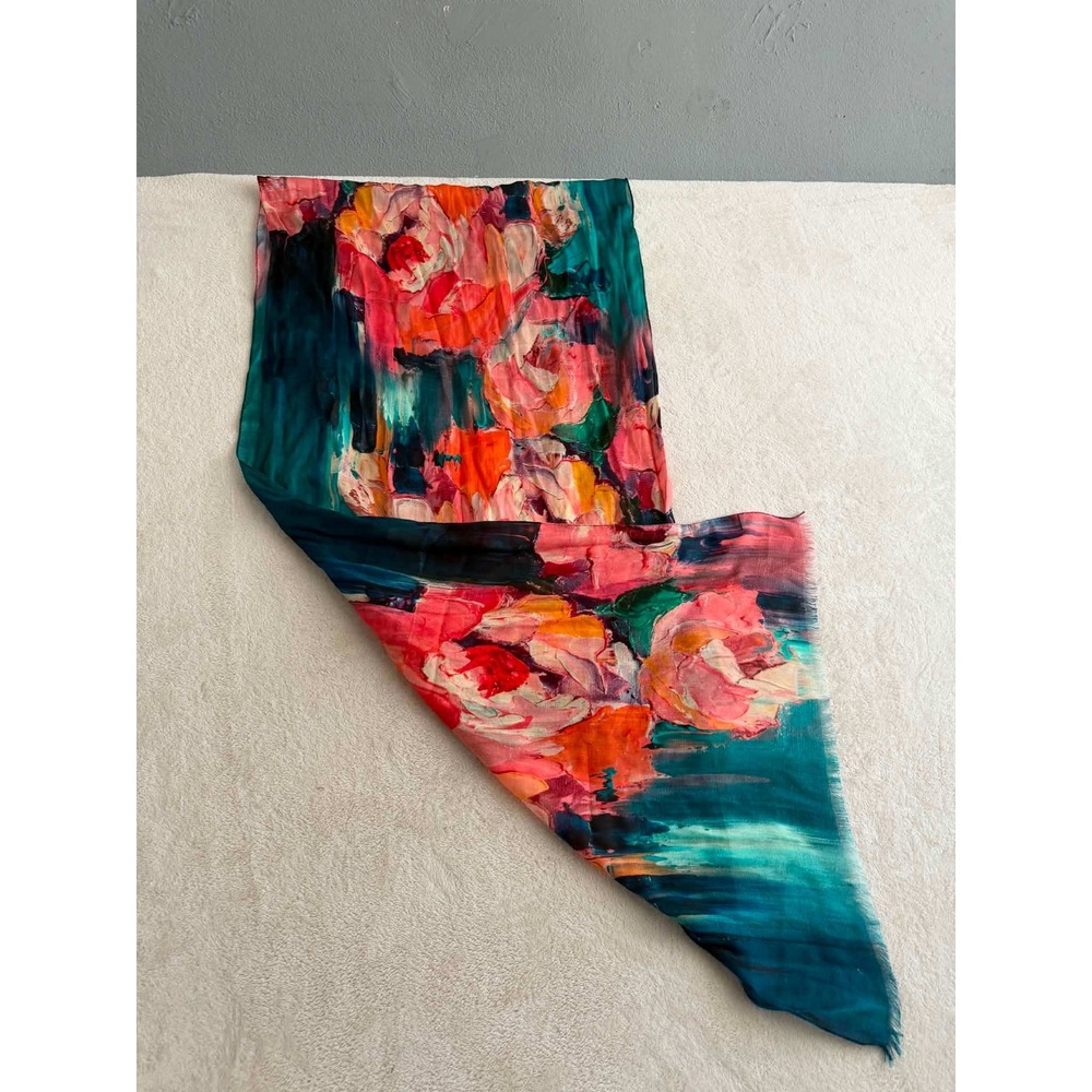 Artisan Kikisol Womens OS Teal Pink Floral Scarf Cotton Modal Painterly Wrap